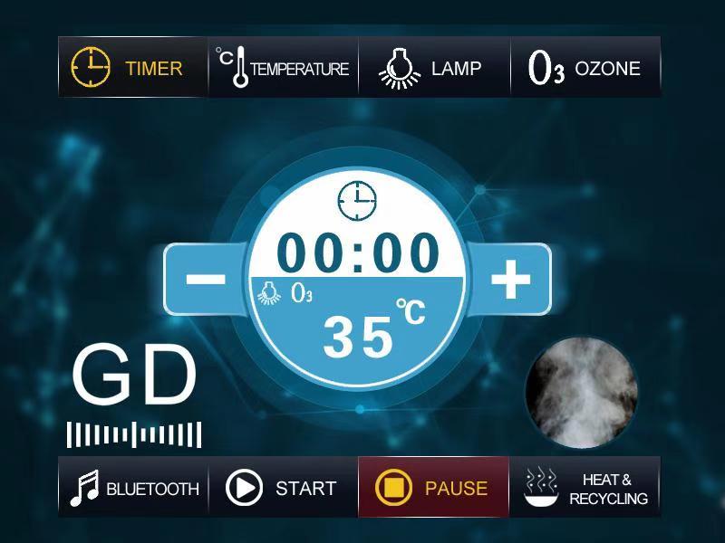 GD touchscreen showing timer, temperature, lamp, ozone, Bluetooth, start, pause and heat and recycling controls